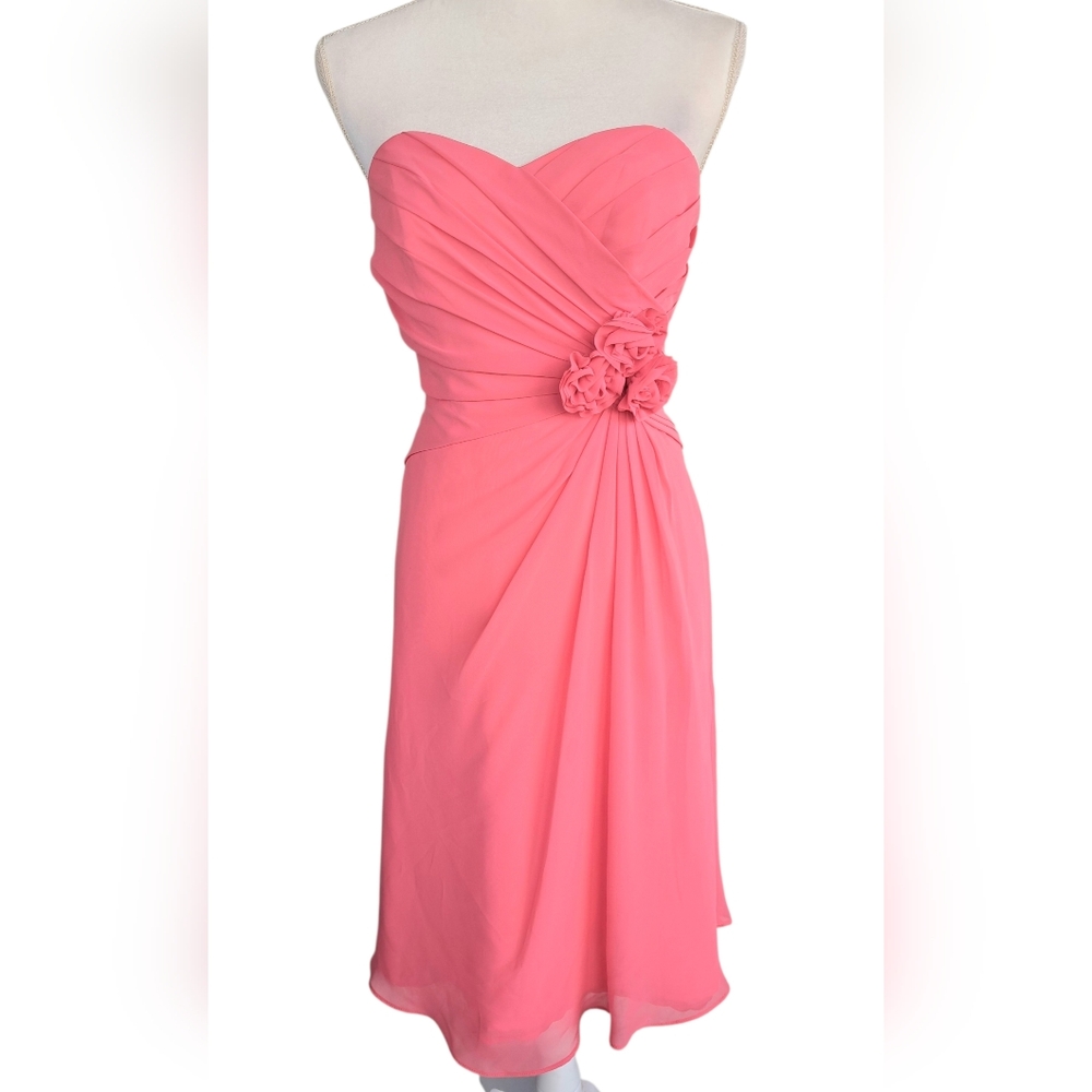 Alfred Angelo Strapless Coral-Pink Floral Applique Midi Dress